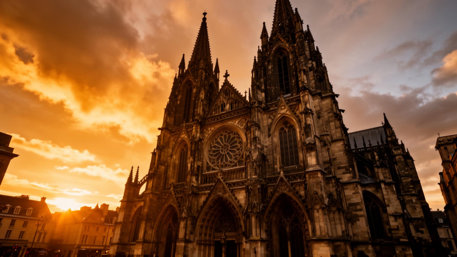 Fachada de catedral gótica al atardecer