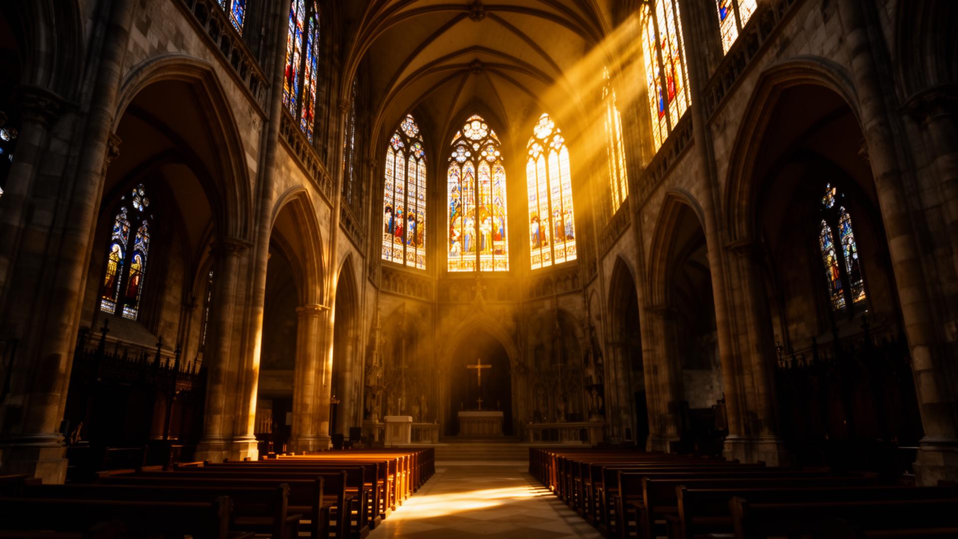 Interior de catedral gótica con luz divina